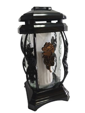 Znicz szklany, kapliczka czarna z złotą różą i napisem "Pamiętam"