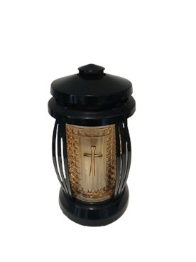 Znicz kapliczka łososiowe szkło z złotym krzyżem 24 cm