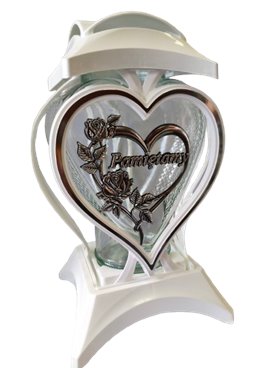 Znicz szklany kapliczka biała z srebrnym sercem