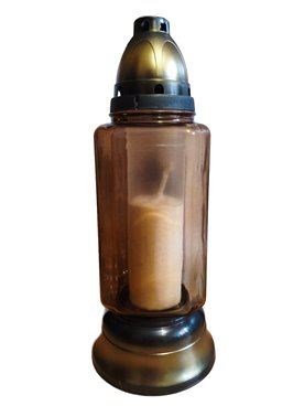 ZNICZ SZKLANY Z ZŁOTĄ APLIKACJĄ I SREBRNYM KRZYŻEM, KWADRATOWY SZKŁO BARWIONE