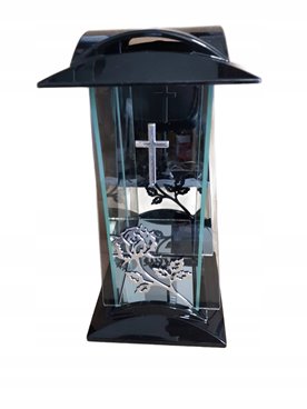 ZNICZ SZKLANY Kapliczka ażur róża srebrno- czarna DUŻY 34 cm