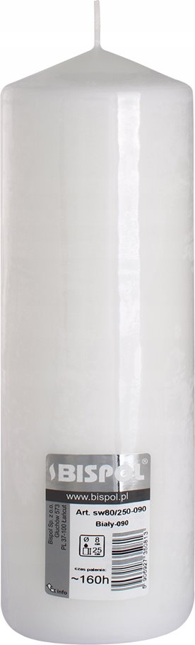 Świeca Klasyczna Duża Walec BISPOL Aura sw80/250-090 - BIAŁA 25cm / 160h