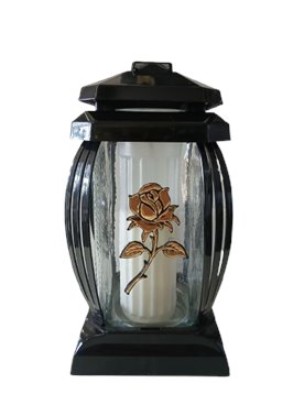 Znicz kapliczka szklana czarna z złotą różą 24 cm Prima 2