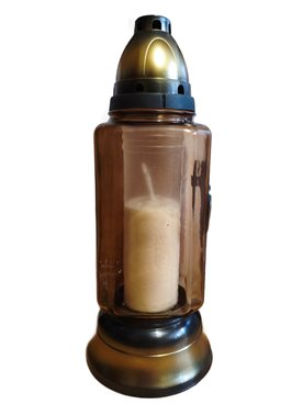 ZNICZ SZKLANY Z ZŁOTĄ APLIKACJĄ I SREBRNYM KRZYŻEM, KWADRATOWY SZKŁO BARWIONE