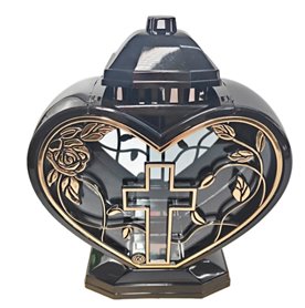 Znicz art. Lampion Glamour serce duże aplikacja krzyż 32 cm czarno–złoty