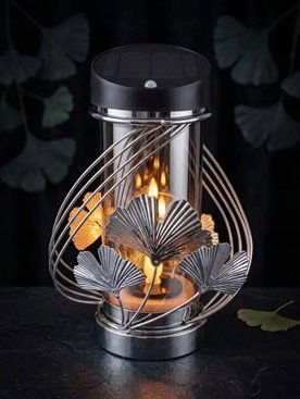 Lampion solarny LED czarno / srebrny 3D liście miłorzębu ruch czujnik 26 cm