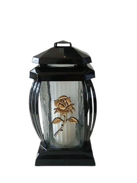 Znicz kapliczka szklana czarna z złotą różą 24 cm Prima 2