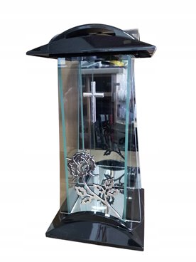 ZNICZ SZKLANY Kapliczka ażur róża srebrno- czarna DUŻY 34 cm