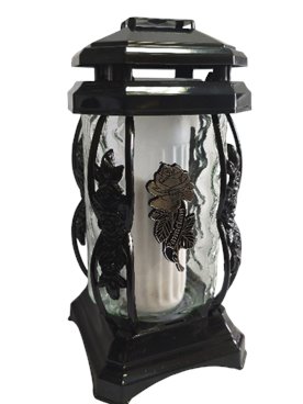 Znicz szklany, kapliczka czarna z srebrną różą i napisem "Pamiętam"