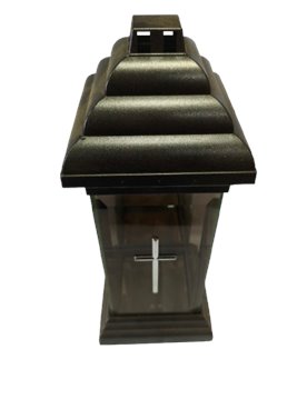 Znicz szklany z kapliczką i dużym srebrnym krzyżem, 34 cm