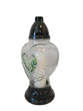 Znicz całoroczny w kształcie serca bezbarwny zdobienia zielone Maxpol 37 cm