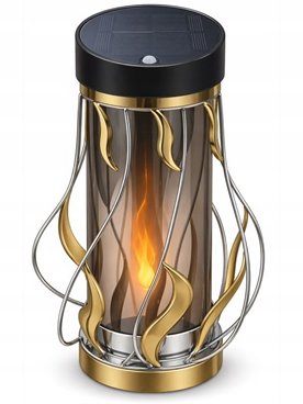 Lampion solarny (26 cm) znicz metalowy srebrny, złoty płomień, czujnik ruch