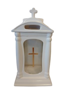 Znicz lampion ceramiczny biały z krzyżem 31 cm