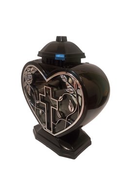 Znicz art. Lampion Glamour serce duże aplikacja krzyż 32 cm srebrno- czarny