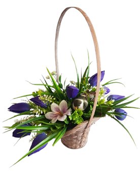 Kompozycja wiosenna granatowe tulipany w koszyczku