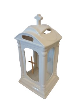 Znicz lampion ceramiczny biały z krzyżem 31 cm