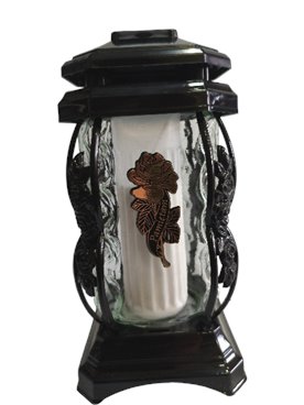 Znicz szklany, kapliczka czarna z złotą różą i napisem "Pamiętam"