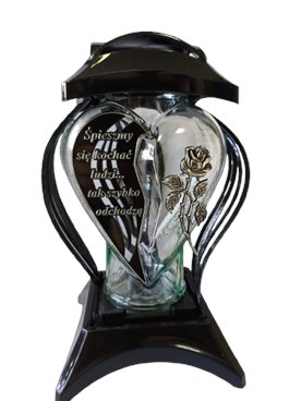 Znicz szklany, kapliczka białą z złotą różą i sentencją