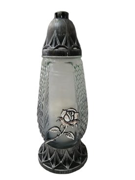 Znicz całoroczny przydymione szkło grafitowe z srebrną różą  29 cm