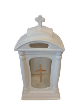 Znicz lampion ceramiczny biały z krzyżem 31 cm