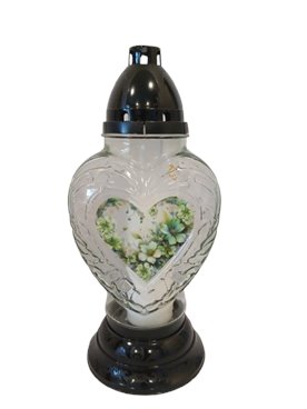 Znicz całoroczny w kształcie serca bezbarwny zdobienia zielone Maxpol 37 cm